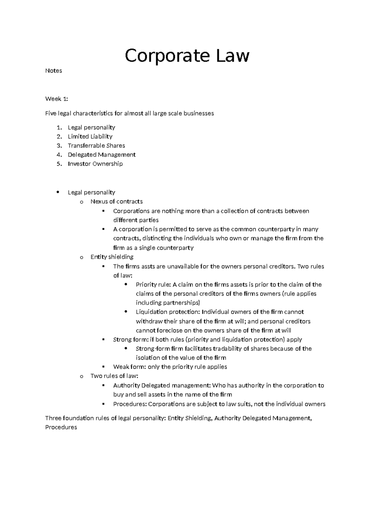 Corporate Law Lecture Notes: Key Concepts & Agency Problems - Studeersnel