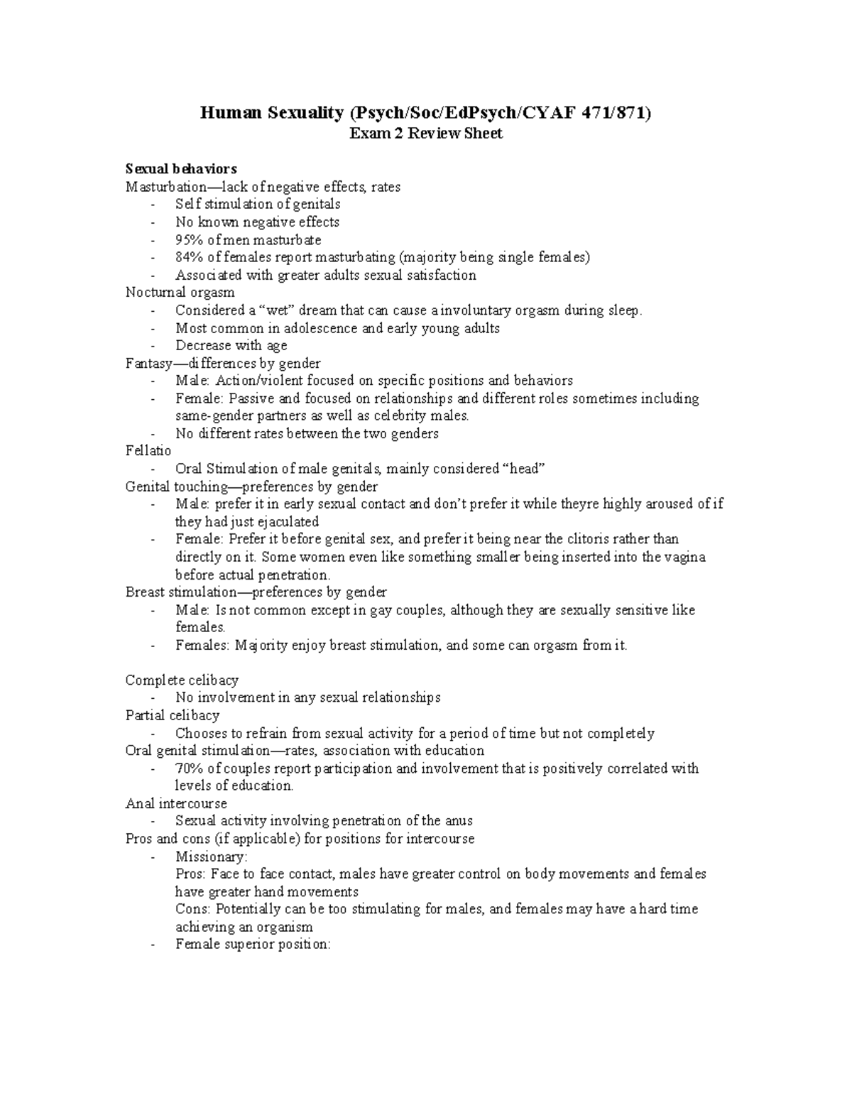 Exam 2 review sheet - Human Sexuality (Psych/Soc/EdPsych/CYAF 471/871 ...
