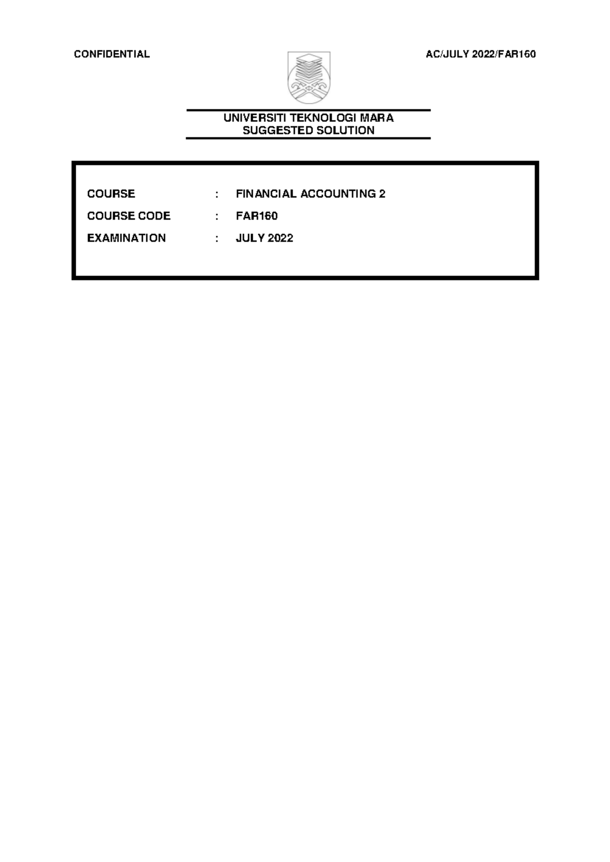 Suggested Solutions for FAR160 Financial Accounting 2 - July 2022 Exam ...