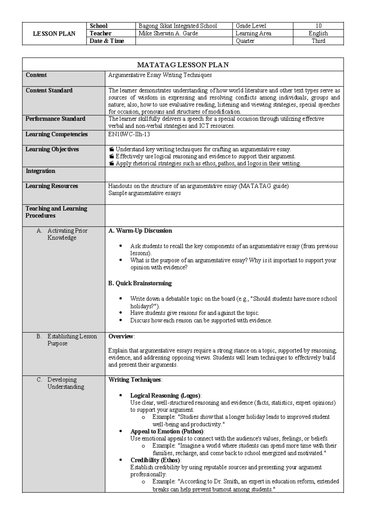 Q3 L2 - Lesson Plan on Argumentative Essay Writing Techniques - Studocu