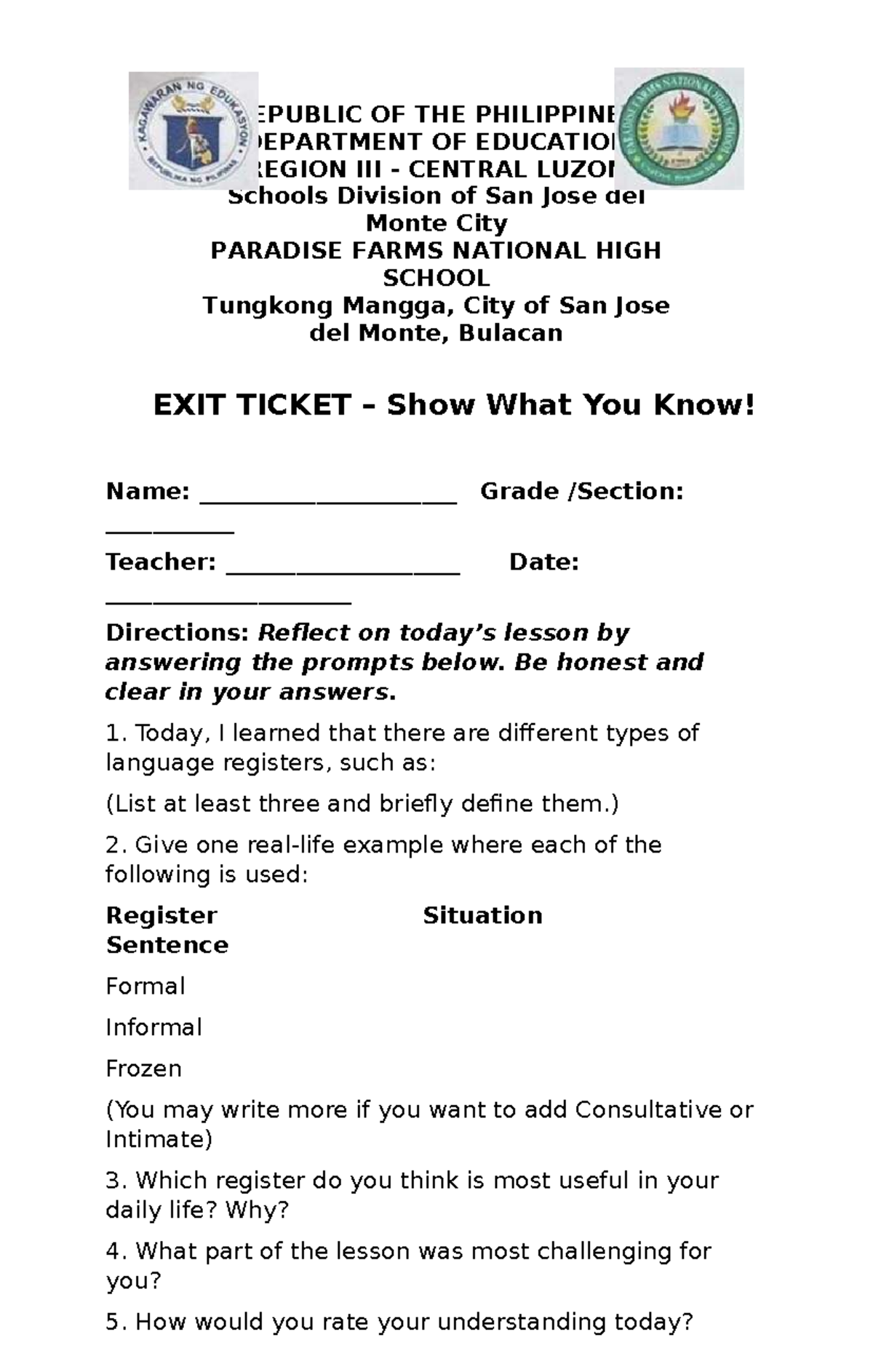 EXIT Ticket: Understanding Language Registers 2025-2026 - Studocu
