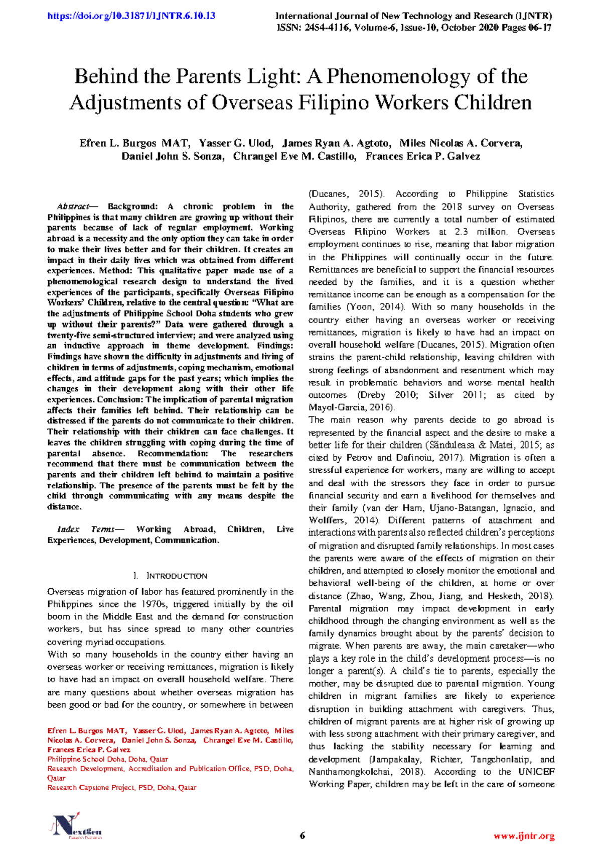 Adjustments of Overseas Filipino Workers' Children: A Phenomenological ...
