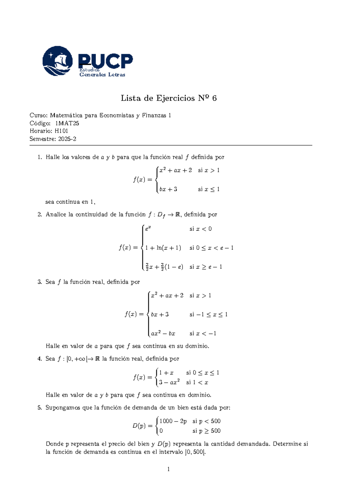 Lista de Ejercicios Nº 6 - Matemática para Economistas y Finanzas 1 ...