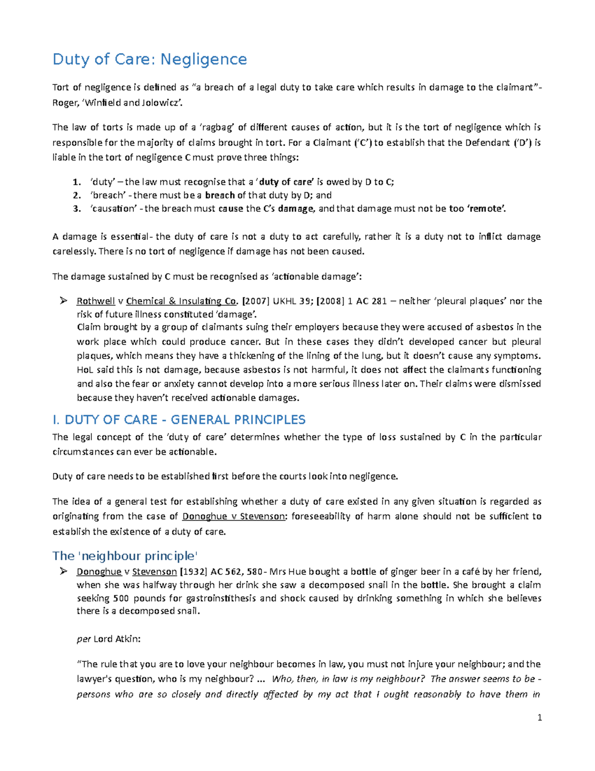 Duty of Care in Negligence - Key Principles and Case Studies - Studocu