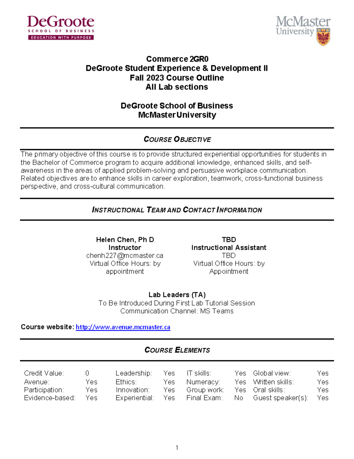 2GR0 F23 - Commerce Course Outline and Overview of Learning Activities ...