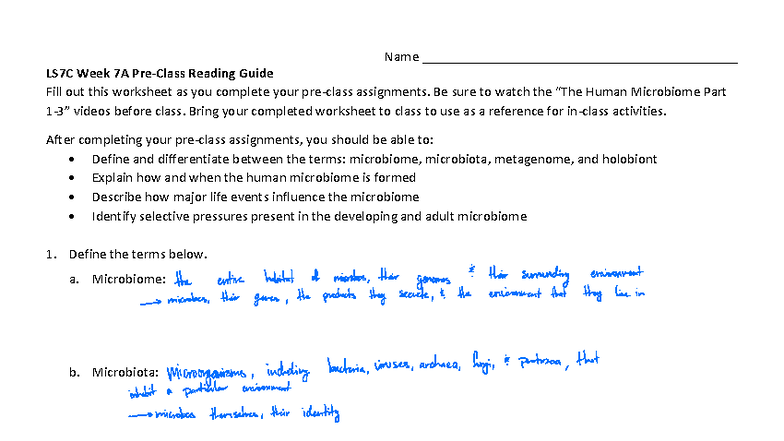 LS7C Week 7A Pre-Class Reading Guide on Human Microbiome - Studocu