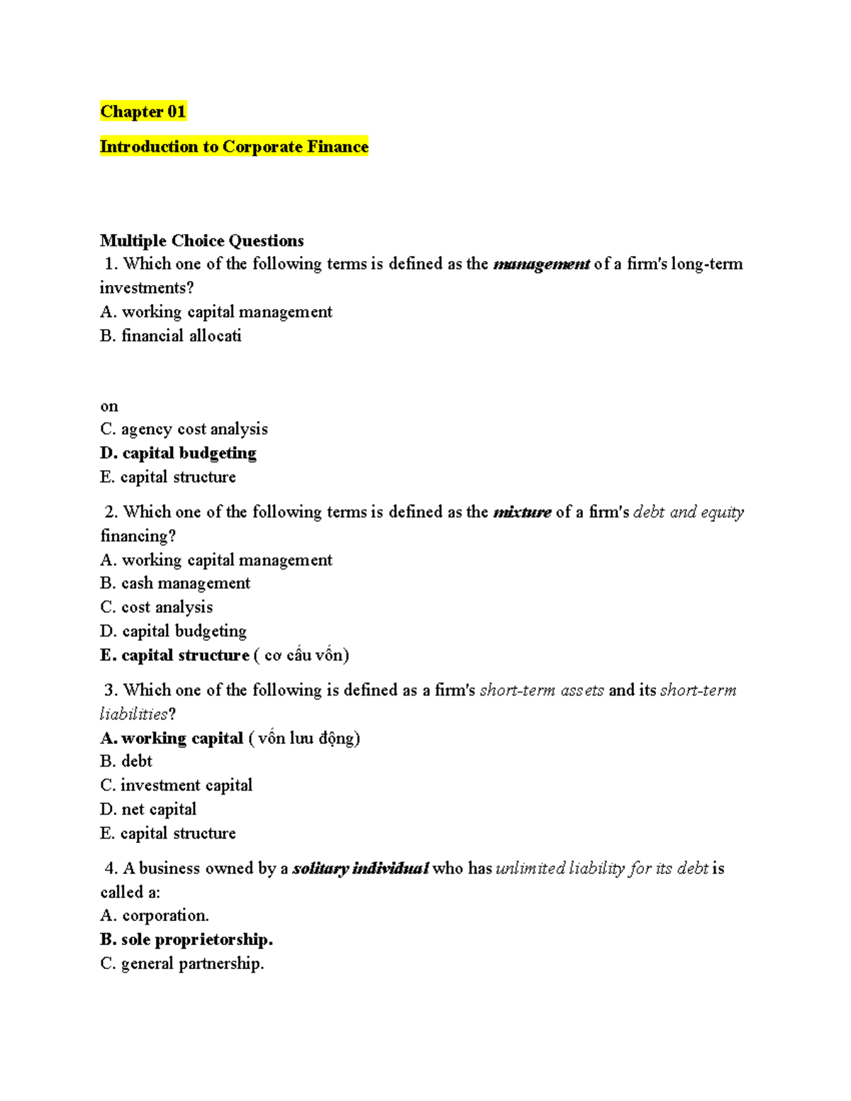 Chapter 01: Introduction to Corporate Finance - MCQs and Answers - Studocu