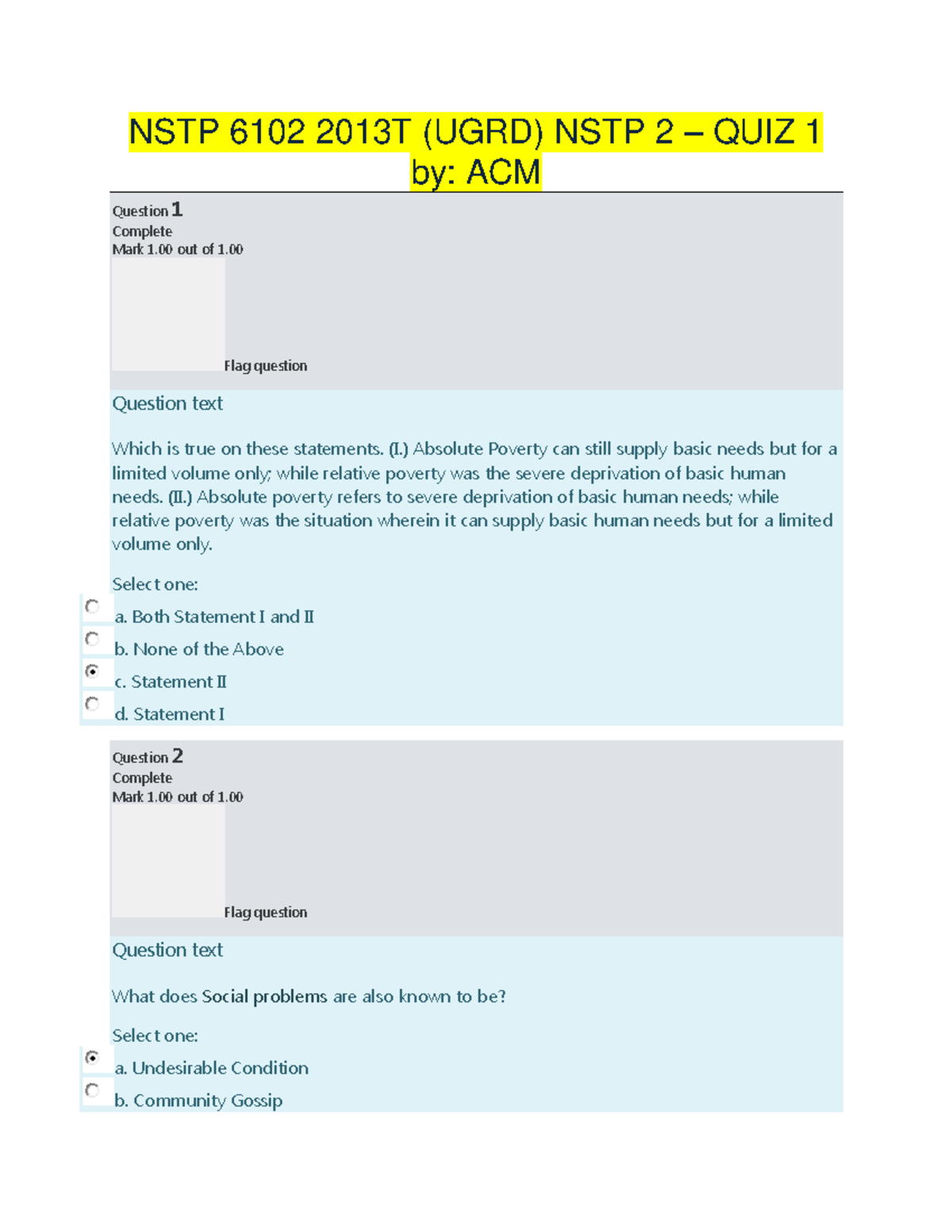 QUIZZES 1 & 2 - NSTP 6102: Understanding Community Issues & Advocacy ...