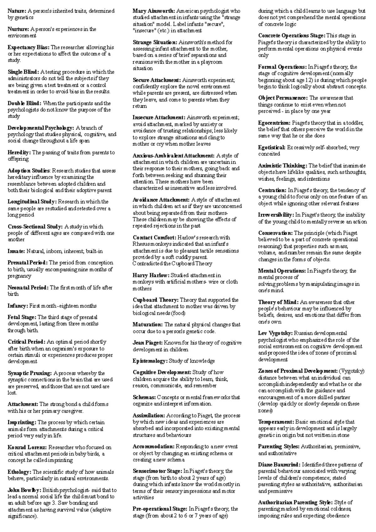 Developmental Psychology Cheat Sheet for PSY101 Concepts - Studocu