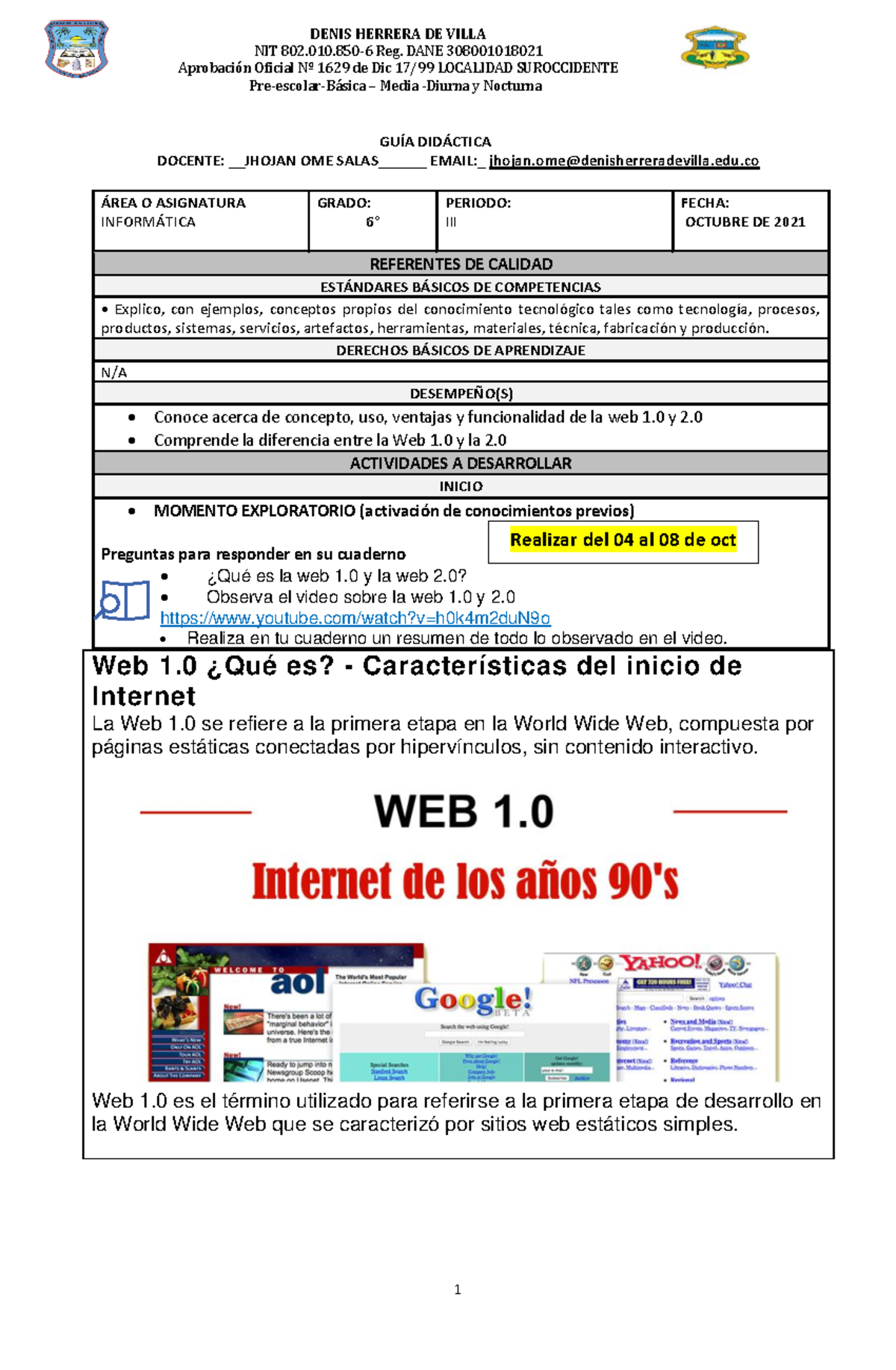 GUIA Informatica Grado 6º - 2021 - OCT - NIT 802.010-6 Reg. DANE ...