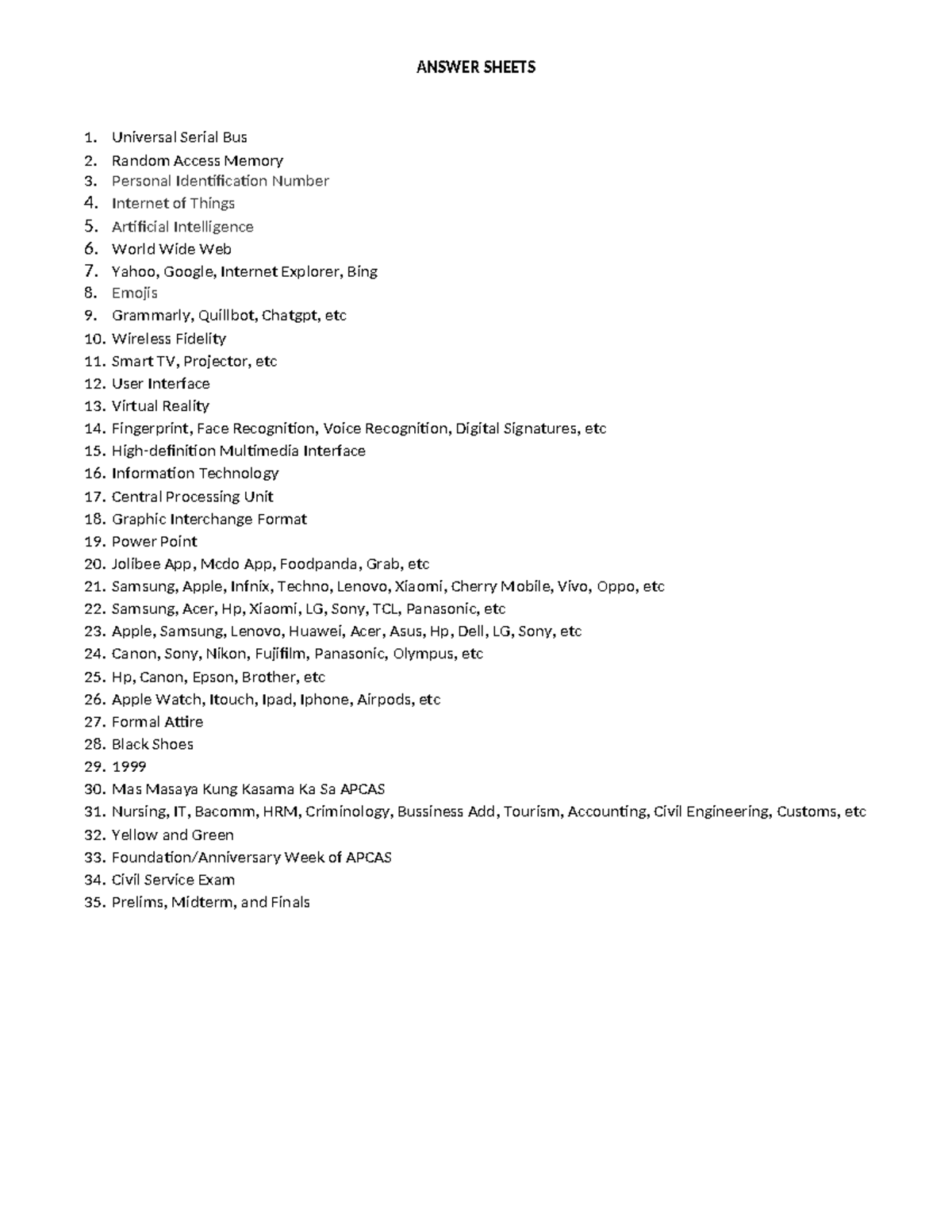 Answer Sheets for IT Concepts and Applications - FORMS - Studocu