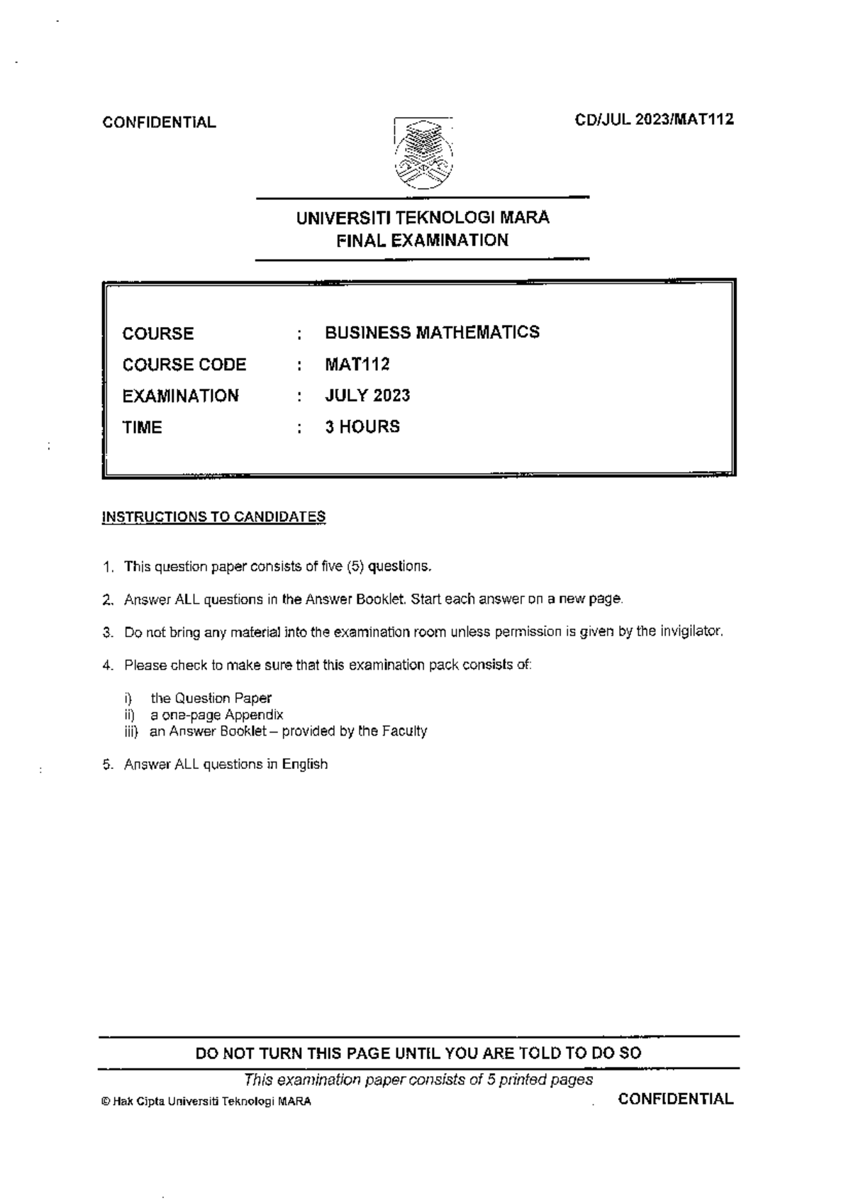 MAT112 Final Exam Paper - Business Mathematics July 2023 - Studocu