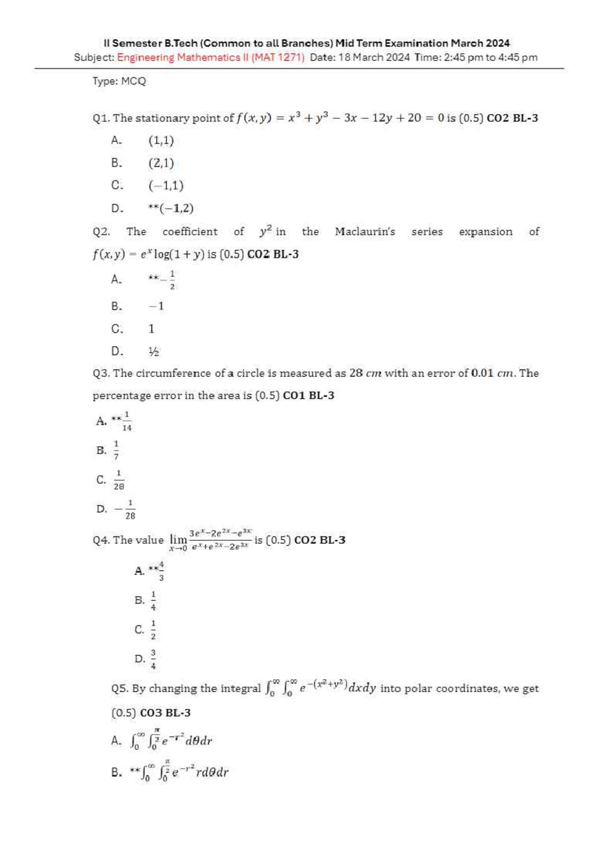 MAT 1271 II Sem B.Tech Mid Term Exam March 2024 - Engineering ...