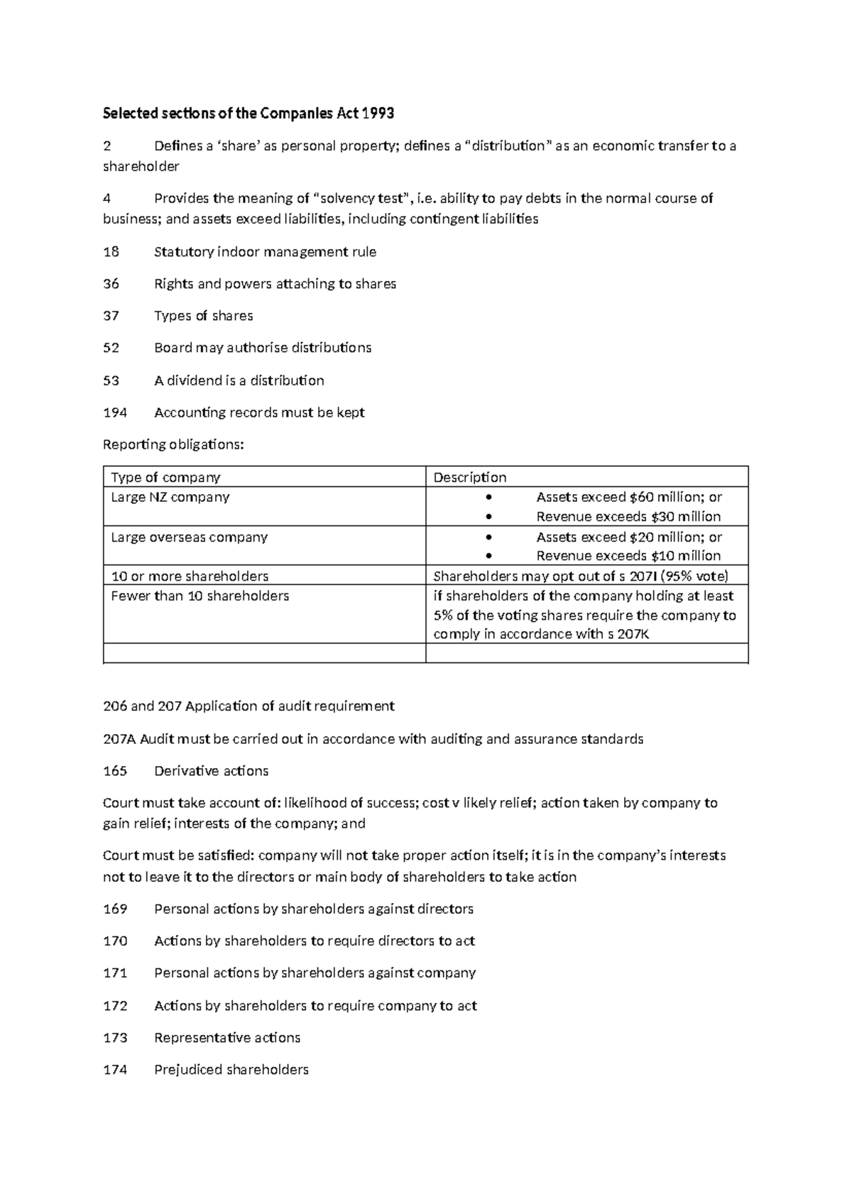 COML 204 Companies Act 1993 Key Sections Cheat Sheet - Studocu