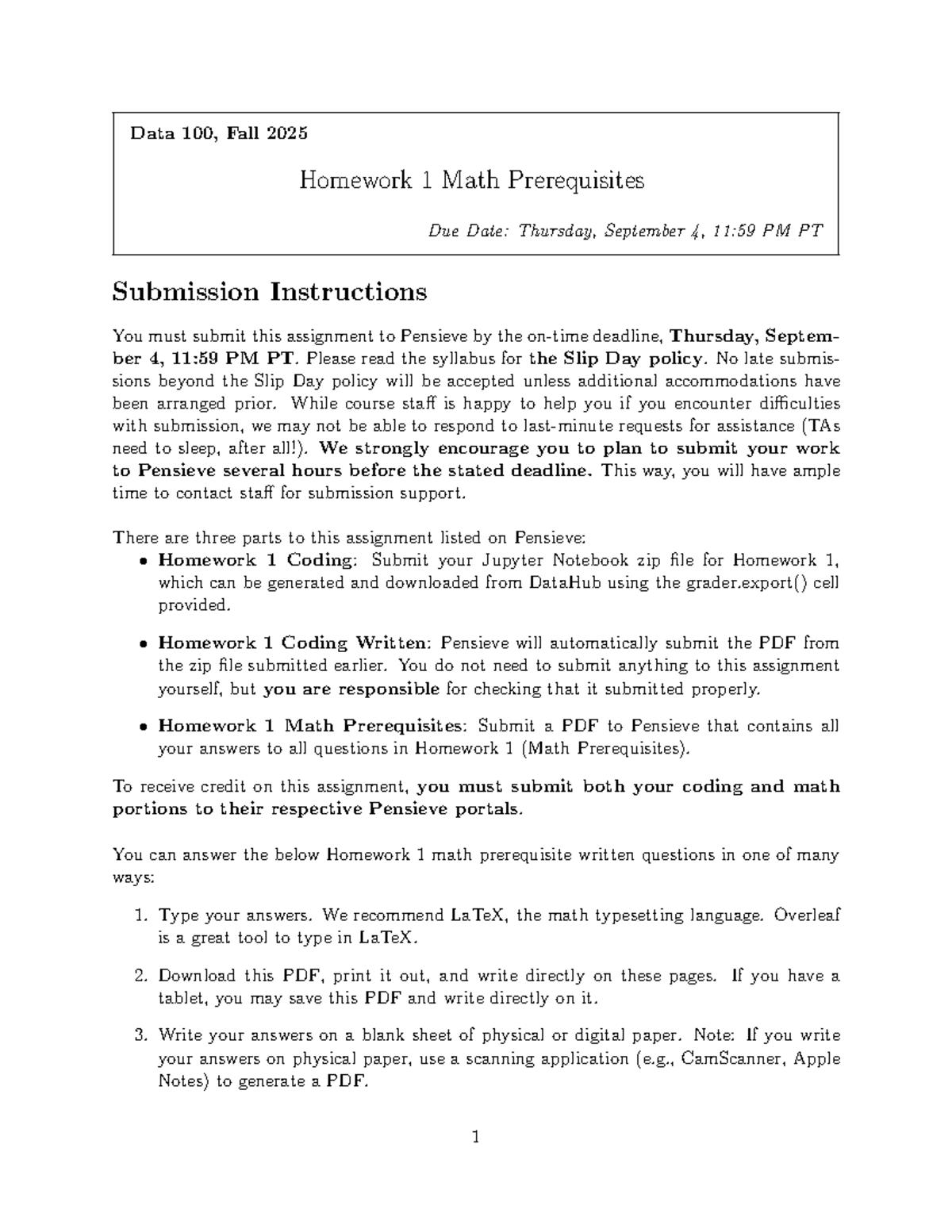 Data 100, Fall 2025 Homework 1: Math Prerequisites Guide - Studocu