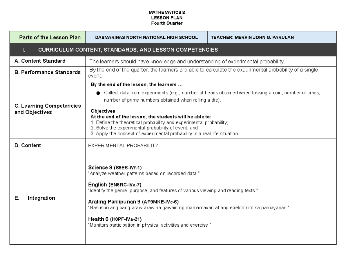 MATHEMATICS 8 LESSON PLAN: Experimental Probability for Q4 - Studocu