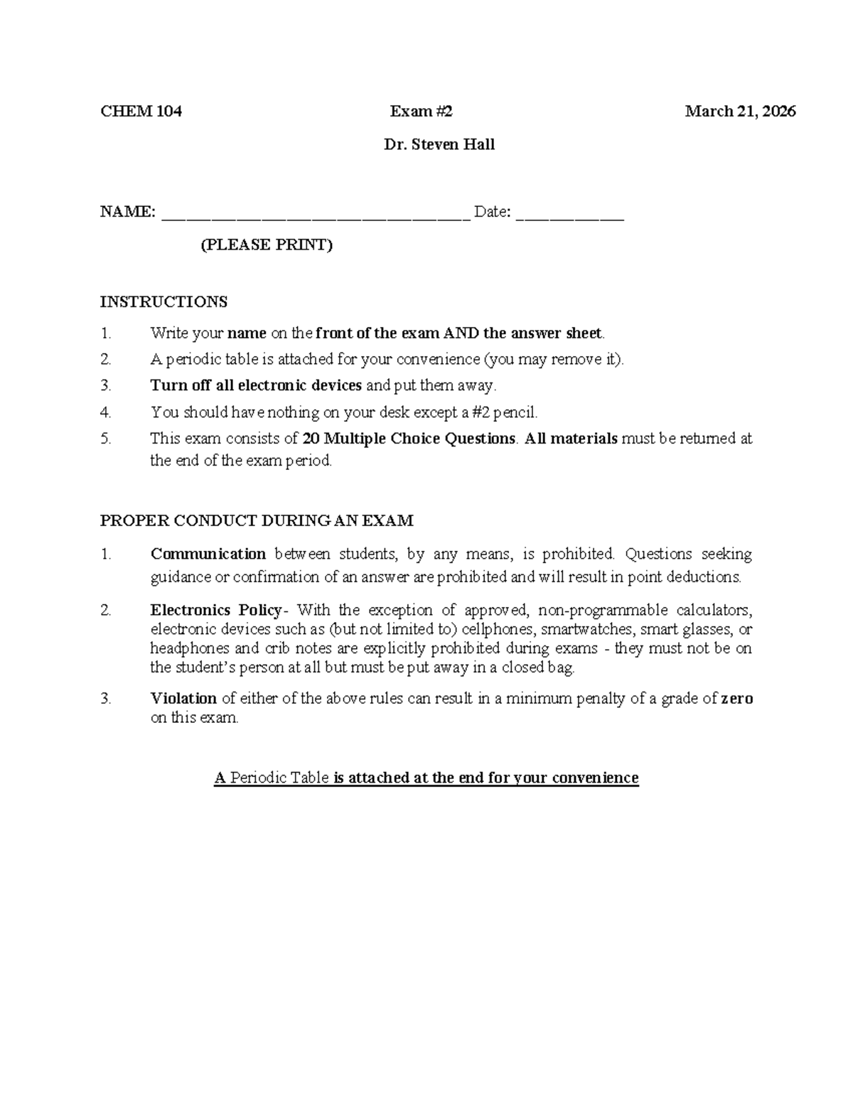 CHEM 104 Exam March 21, 2026 - Instructions & Questions - Studocu