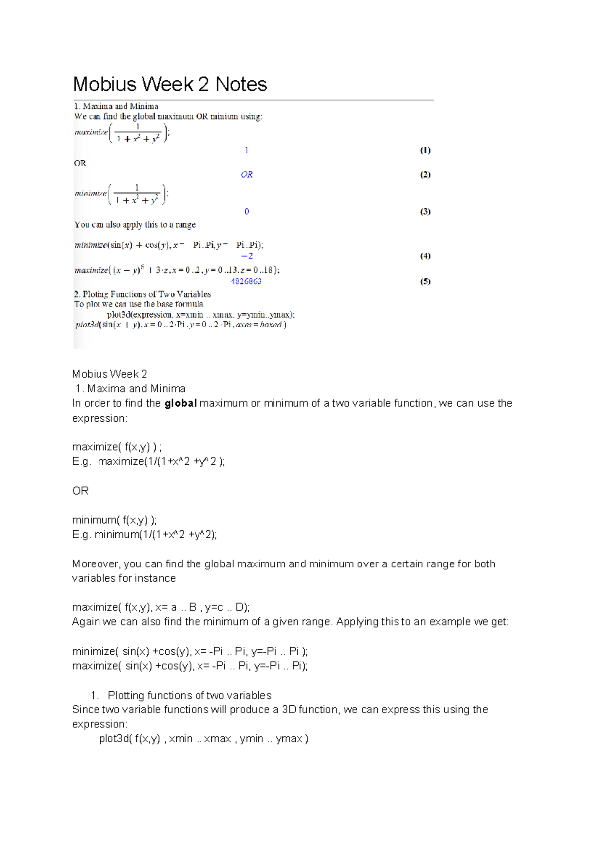 Mobius Notes - Mobius Week 2 Notes Mobius Week 2 1. Maxima and Minima ...