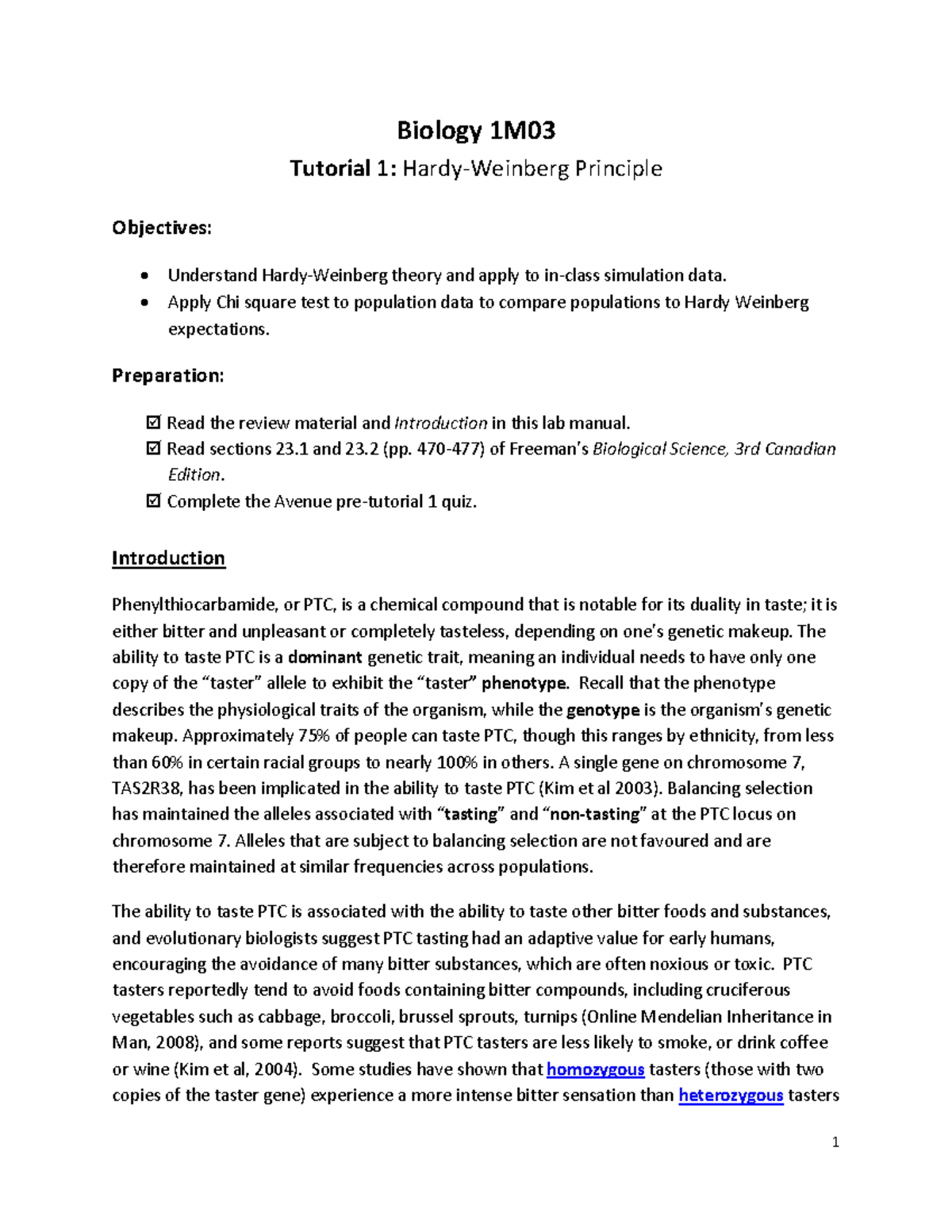 Biology 1M Tutorial 1: Hardy-Weinberg Principle and Chi-Square Test ...