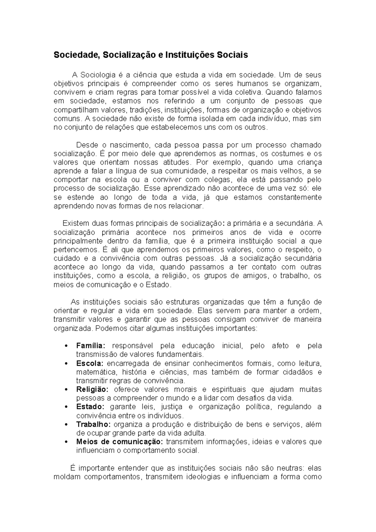 Sociedade e Socialização: Entendendo Instituições Sociais - Studocu