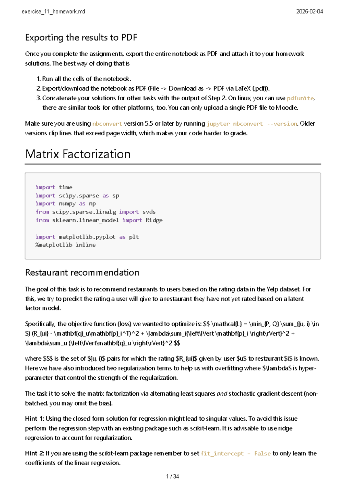 Matrix Factorization Techniques for Exercise 11 Homework - Studocu