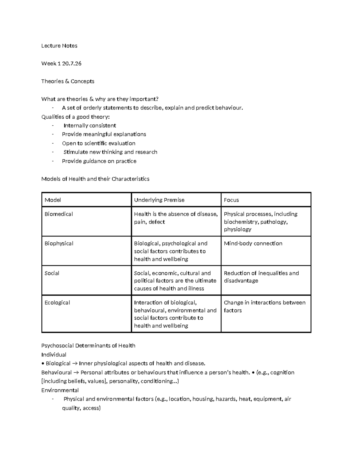 Final Lecture Notes: Theories & Concepts in Health (Week 1) - Studocu