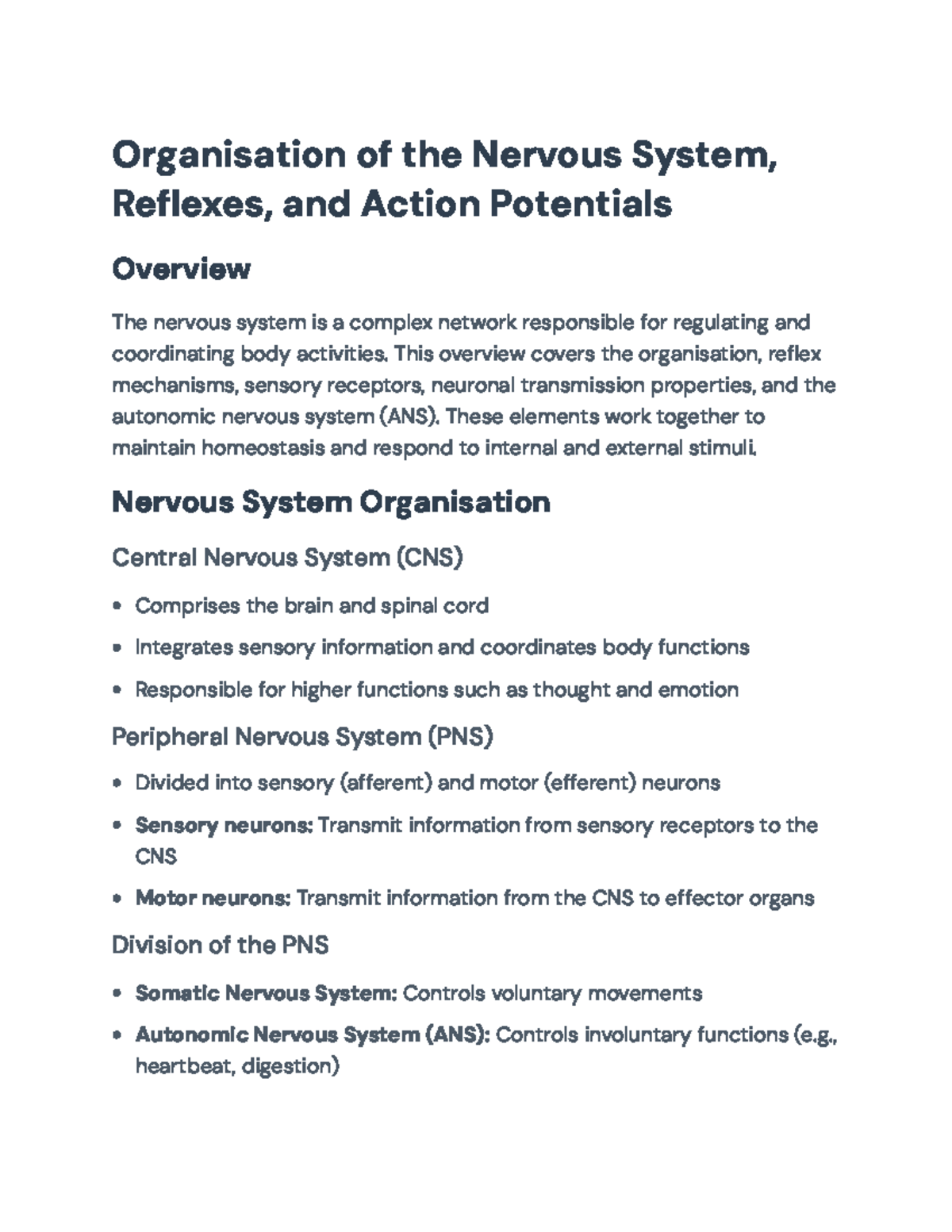 Nervous System Overview: Organisation, Reflexes, and Action Potentials ...