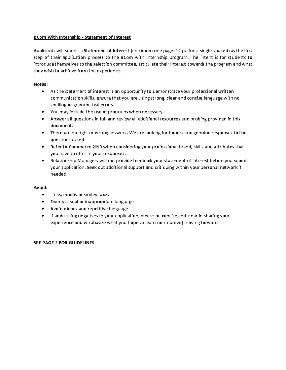 BCom 2IN0 Internship Statement of Interest Guidelines - 2021 - Studocu