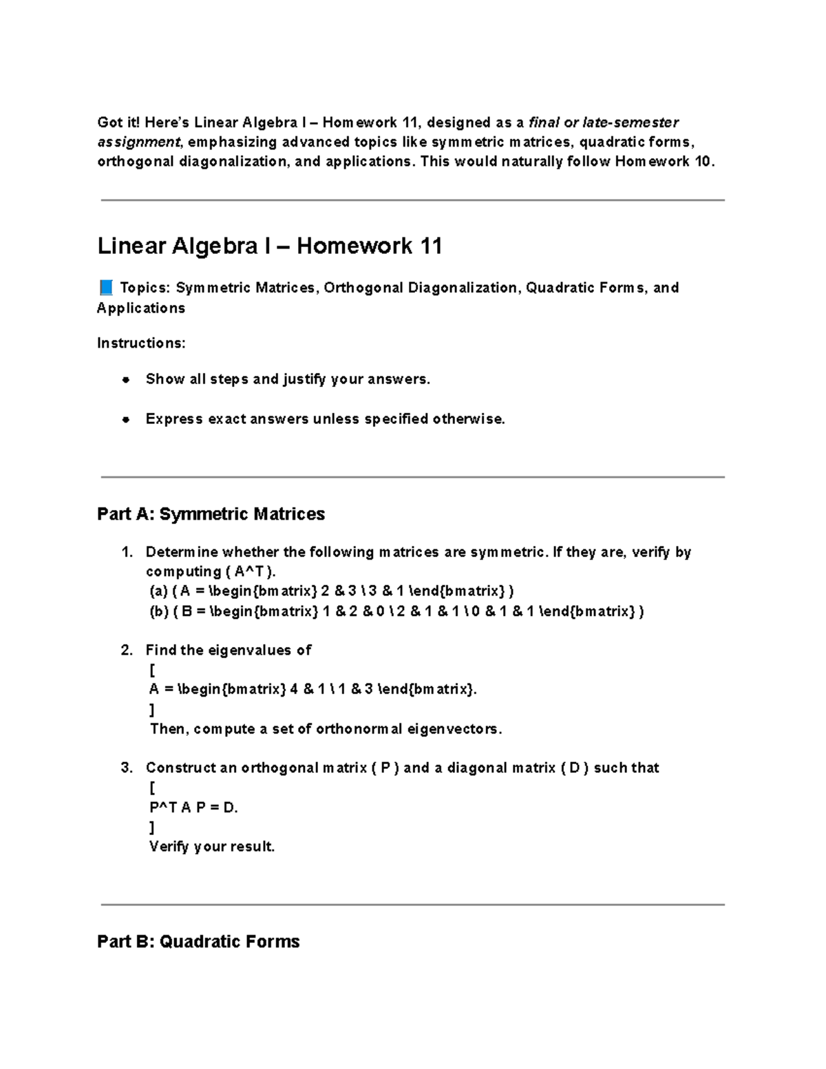 Linear Algebra I Homework 11: Symmetric Matrices & Quadratic Forms ...
