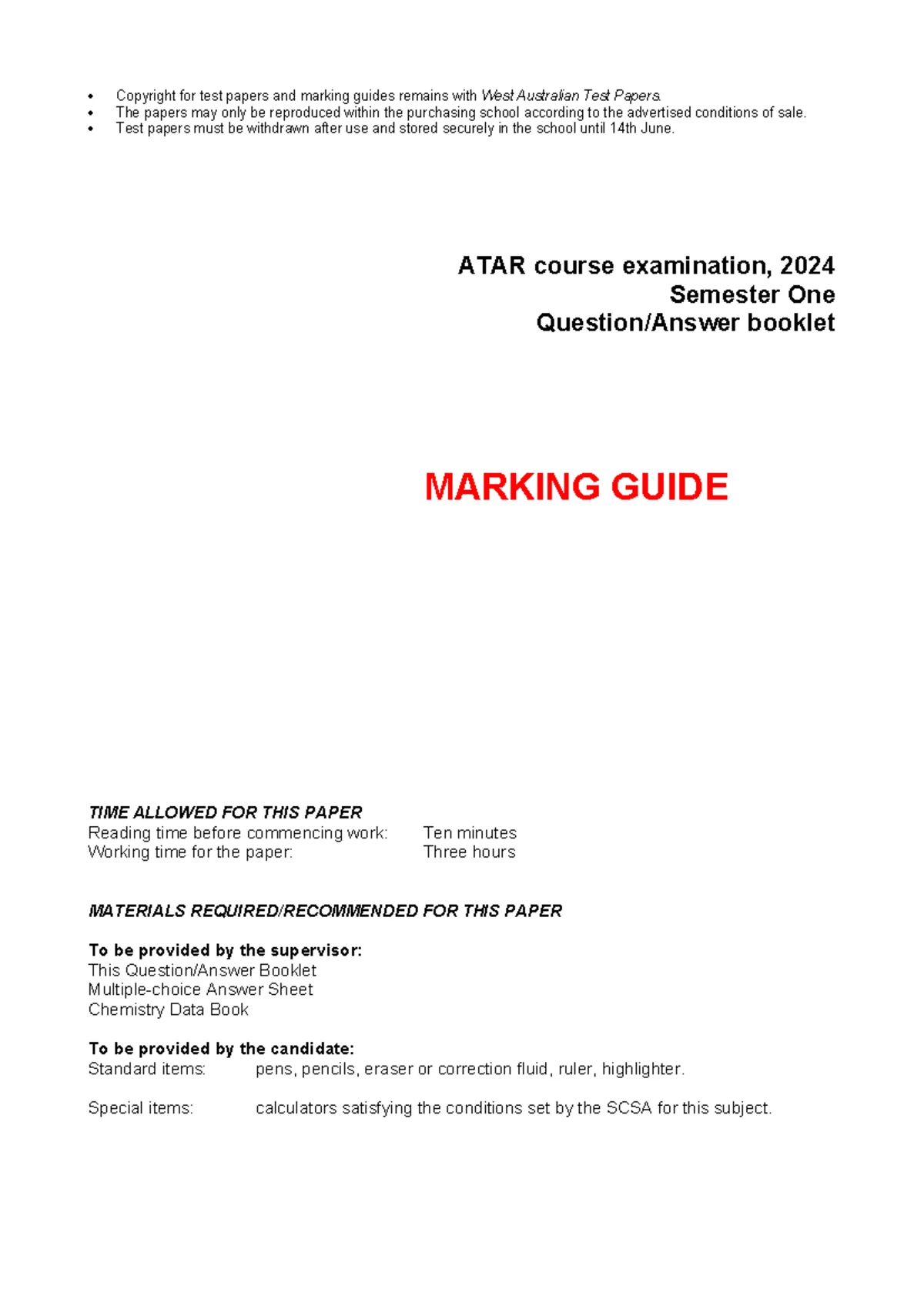 2024 ATAR Chemistry Year 12 Semester 1 Exam Guidelines and Structure ...