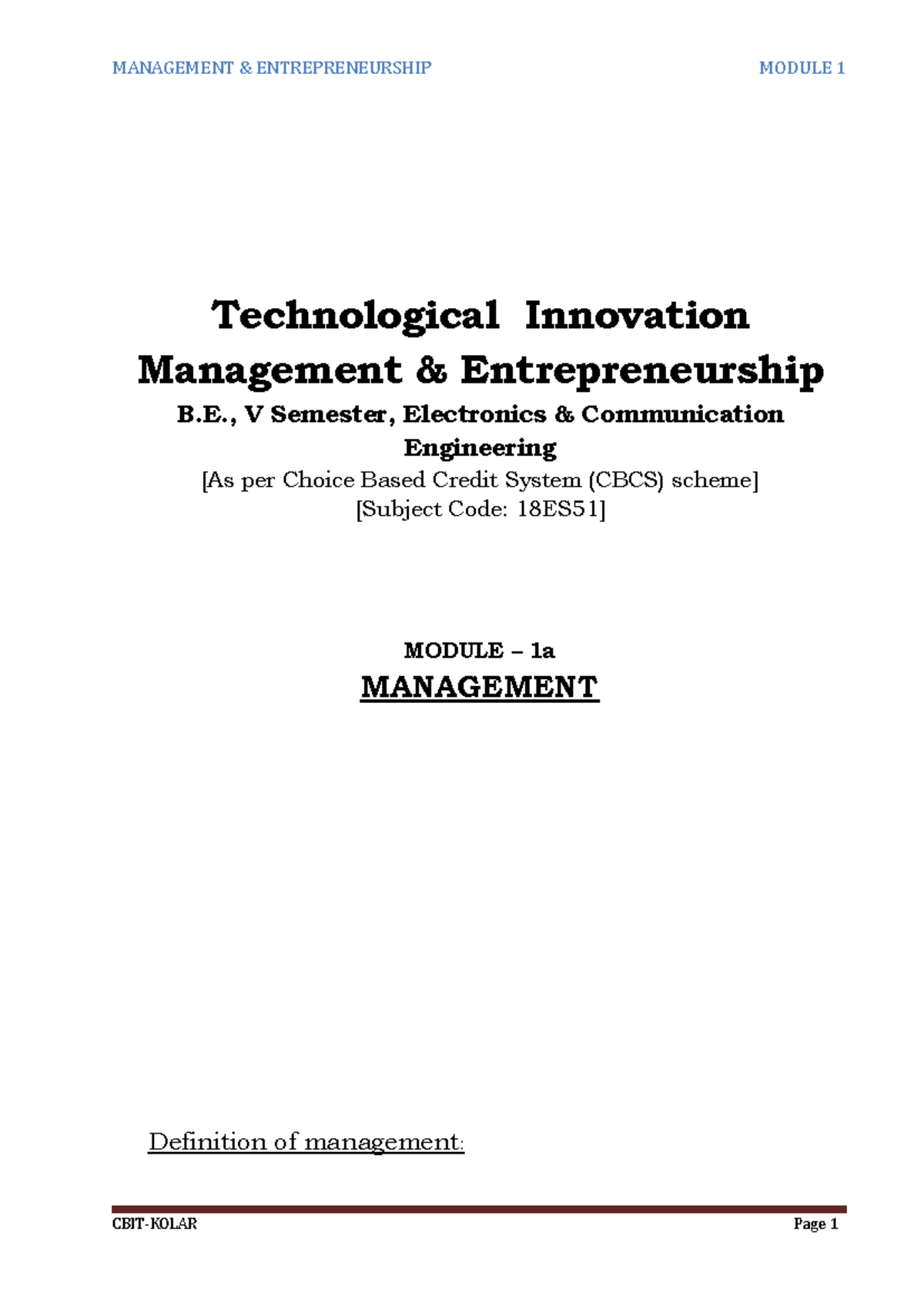 Management & Entrepreneurship: Module 1a Notes (Subject Code: 18ES51 ...