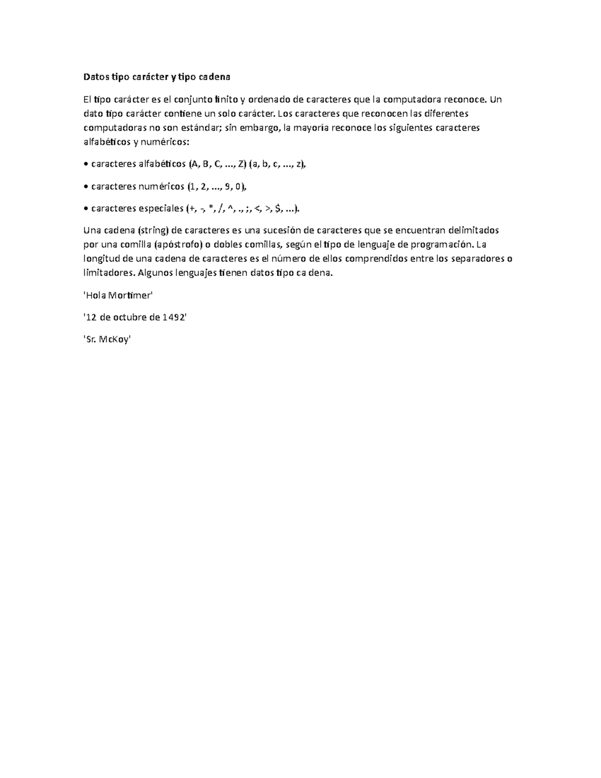 Características y Uso de Datos Tipo Carácter y Cadena en Programación ...