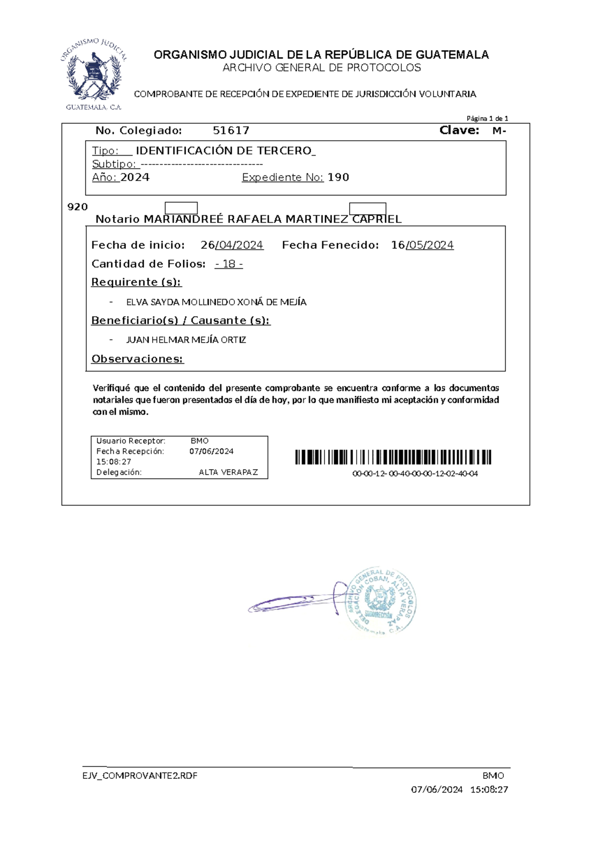 Comprobante de Recepción de Expediente Jurisdicción Voluntaria OJ - Document Preview