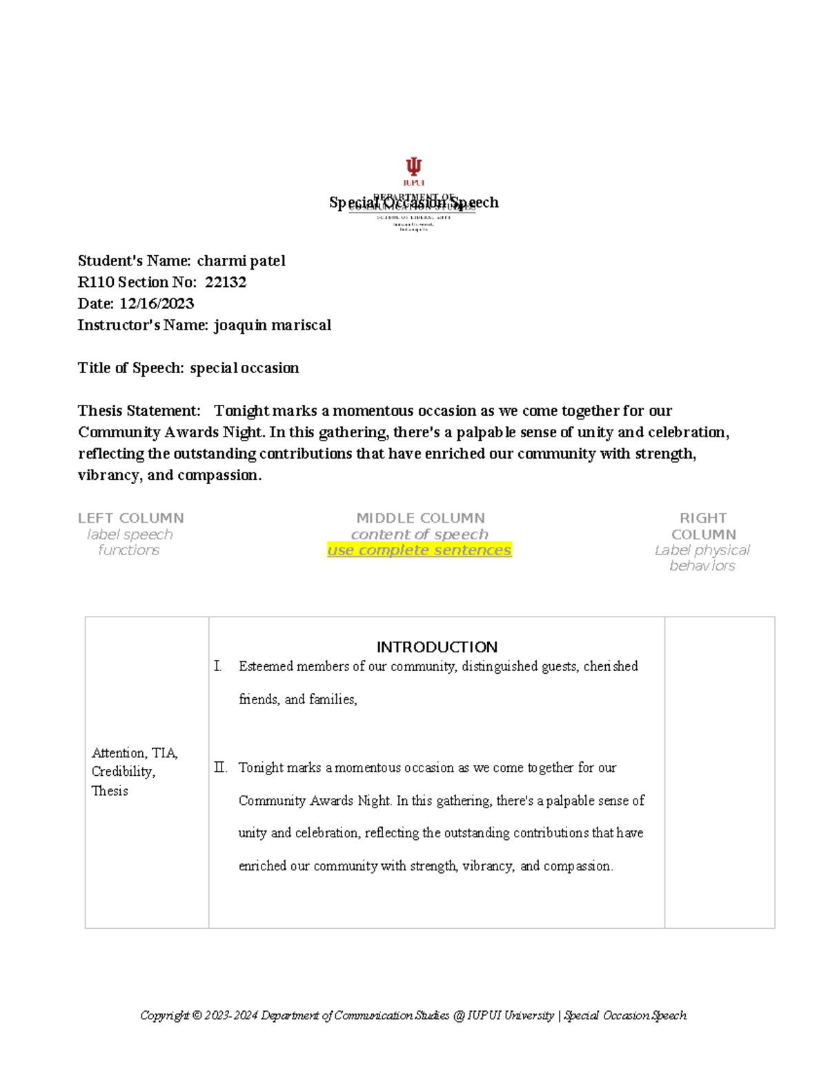 R110 Special Occasion Speech Outline for Community Awards Night - Studocu