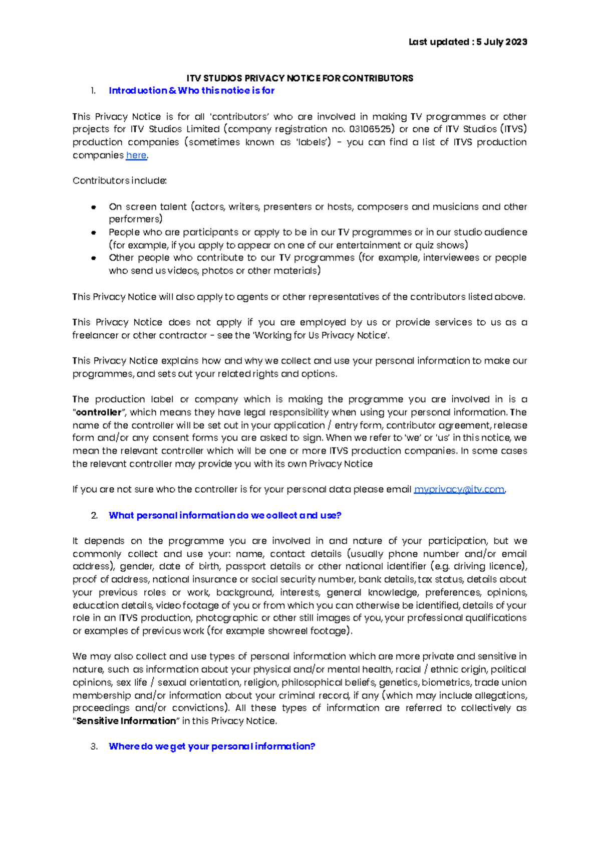 Privacy Notice for ITV Studios Contributors and Audience Participants ...