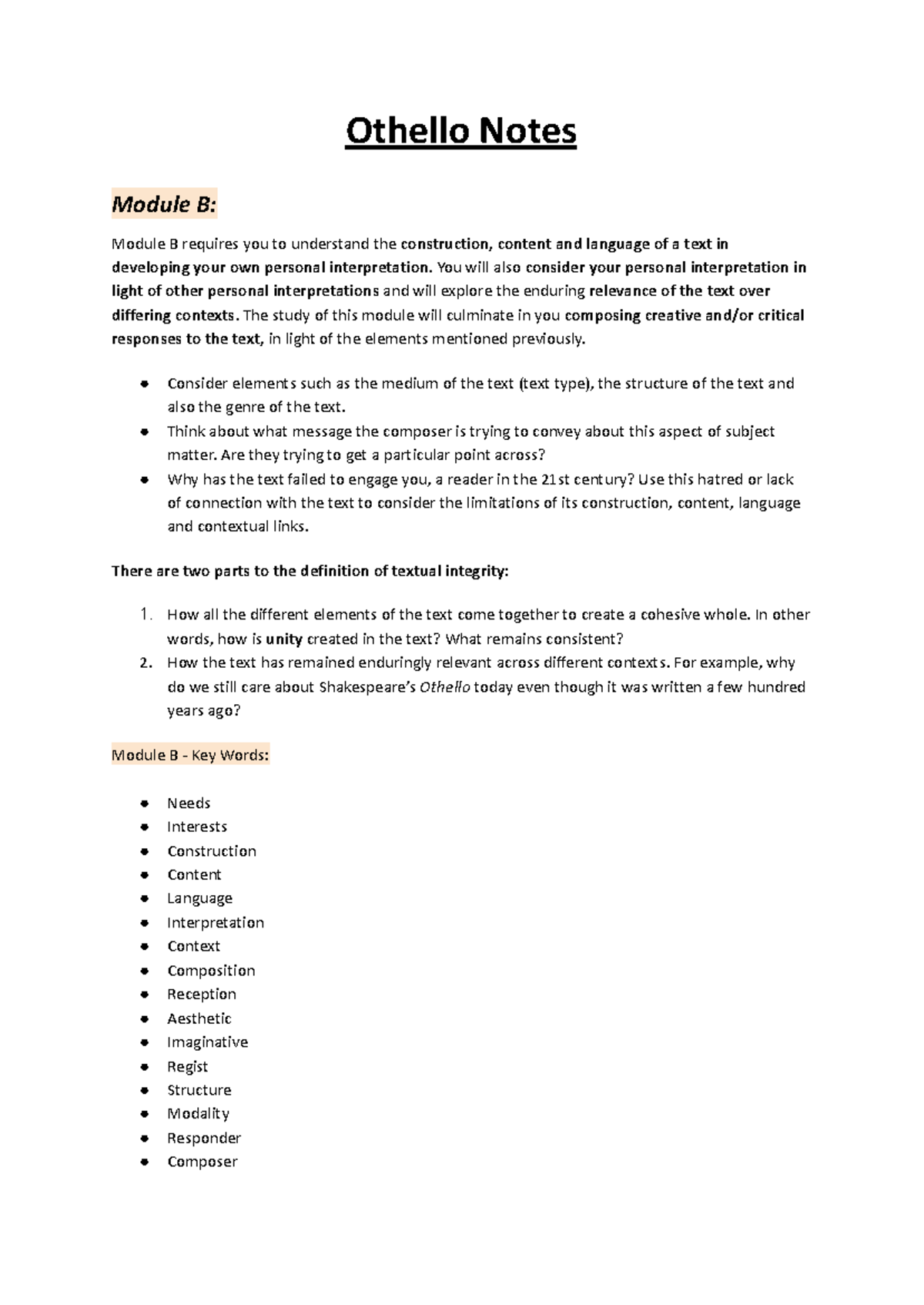 2024 Othello Notes: Module B Analysis and Interpretation - Studocu