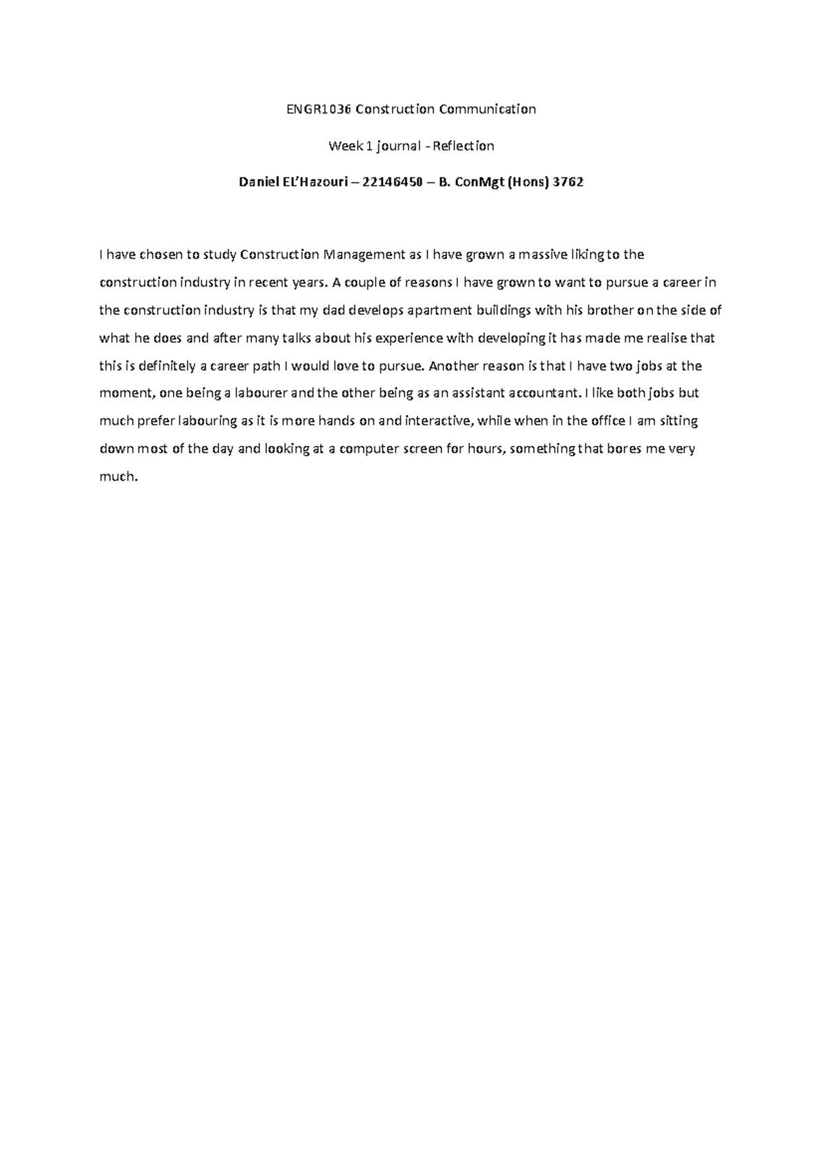 Engr1036 Construction communication week 1 journal reflection - Studocu