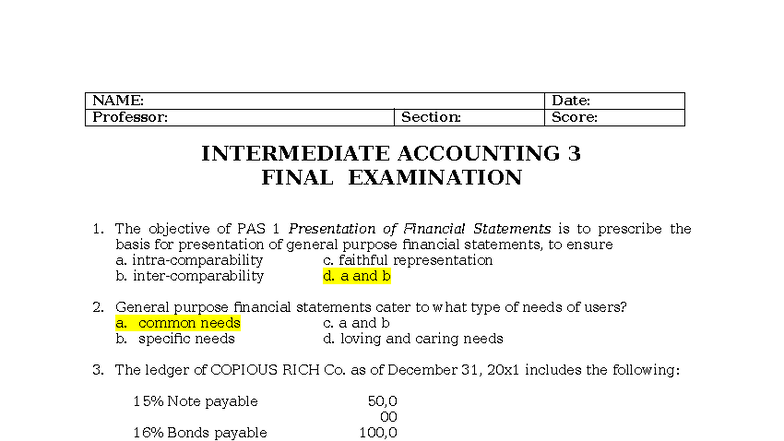 INTERMEDIATE ACCOUNTING 3 FINAL EXAMINATION REVIEW NOTES - Studocu