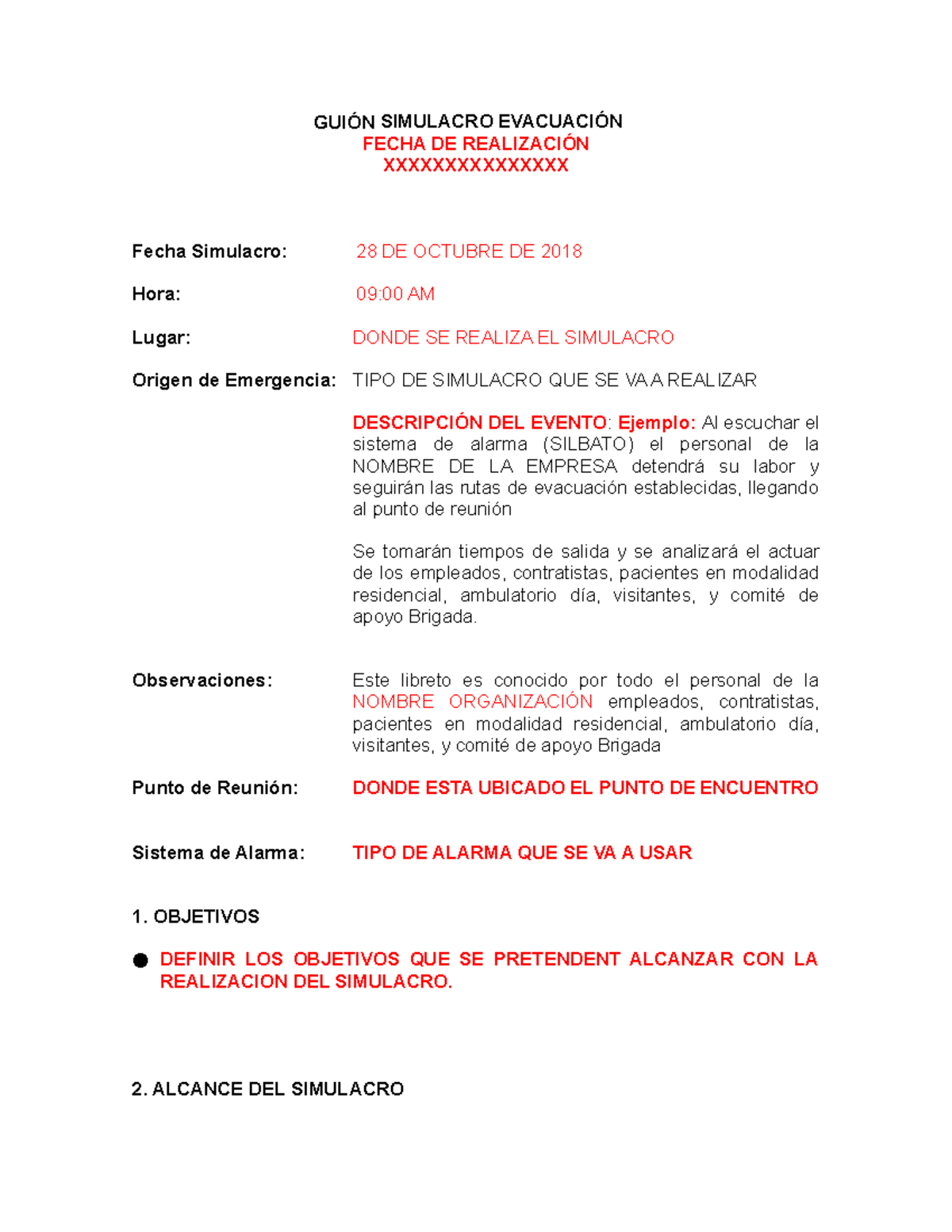 Guion para Simulacro de Evacuación - Planificación y Ejecución - Document Preview