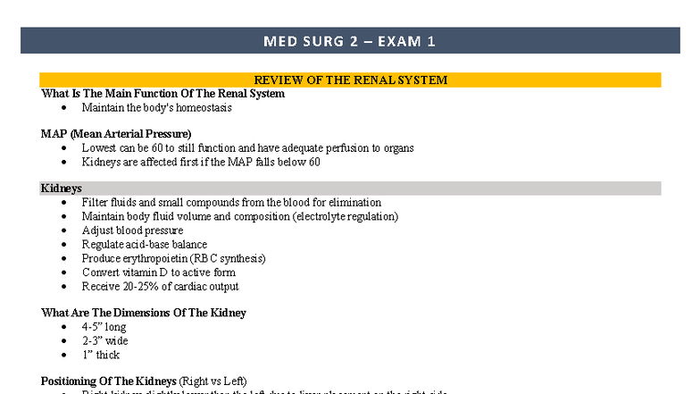 MED SURG 2 EXAM 1 RENAL SYSTEM REVIEW NOTES - Studocu