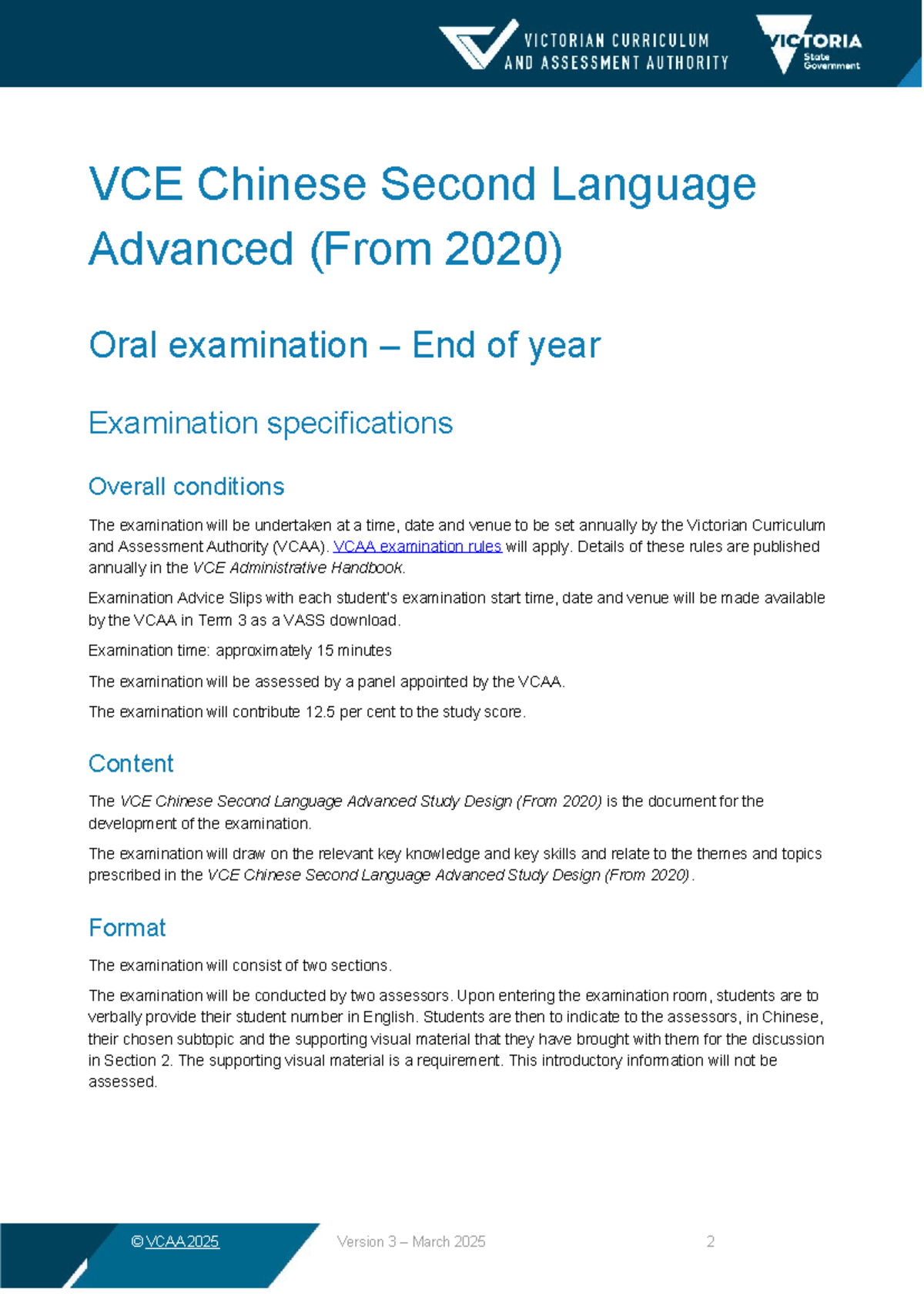 VCE Chinese SLA Advanced Oral Exam Specs (2025) - Studocu