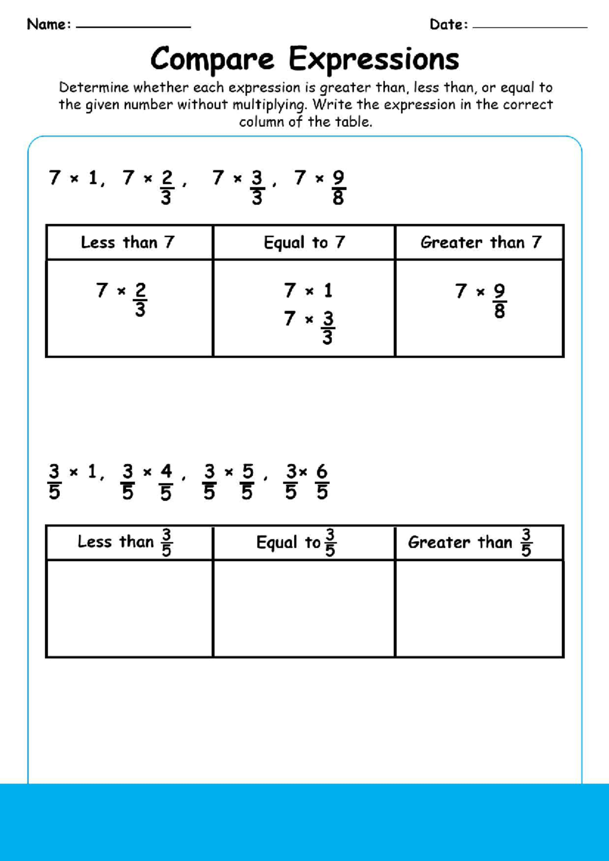 Comparing Multiplicative Expressions – 5th Grade Worksheet - Name: Date ...