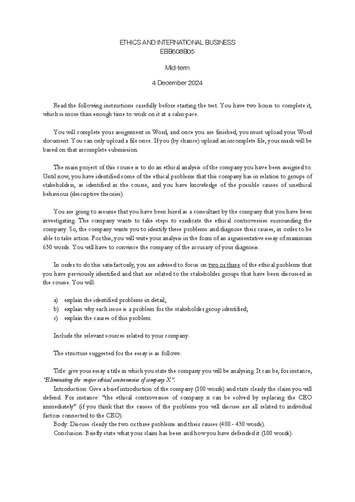 EIB25 26 Midterm Mock: Ethical Analysis of International Business ...