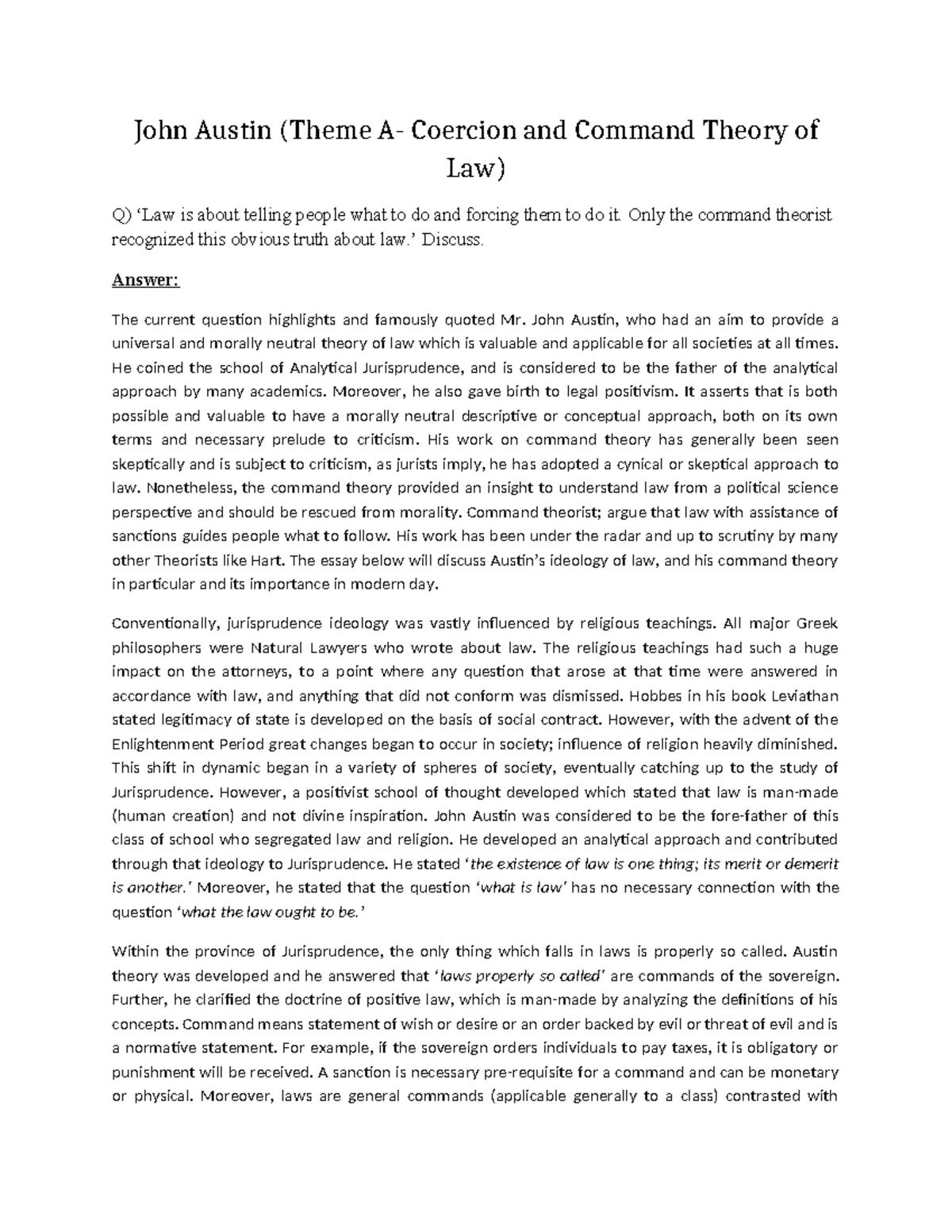 John Austin's Command Theory vs. HLA Hart's Legal Positivism - Studocu