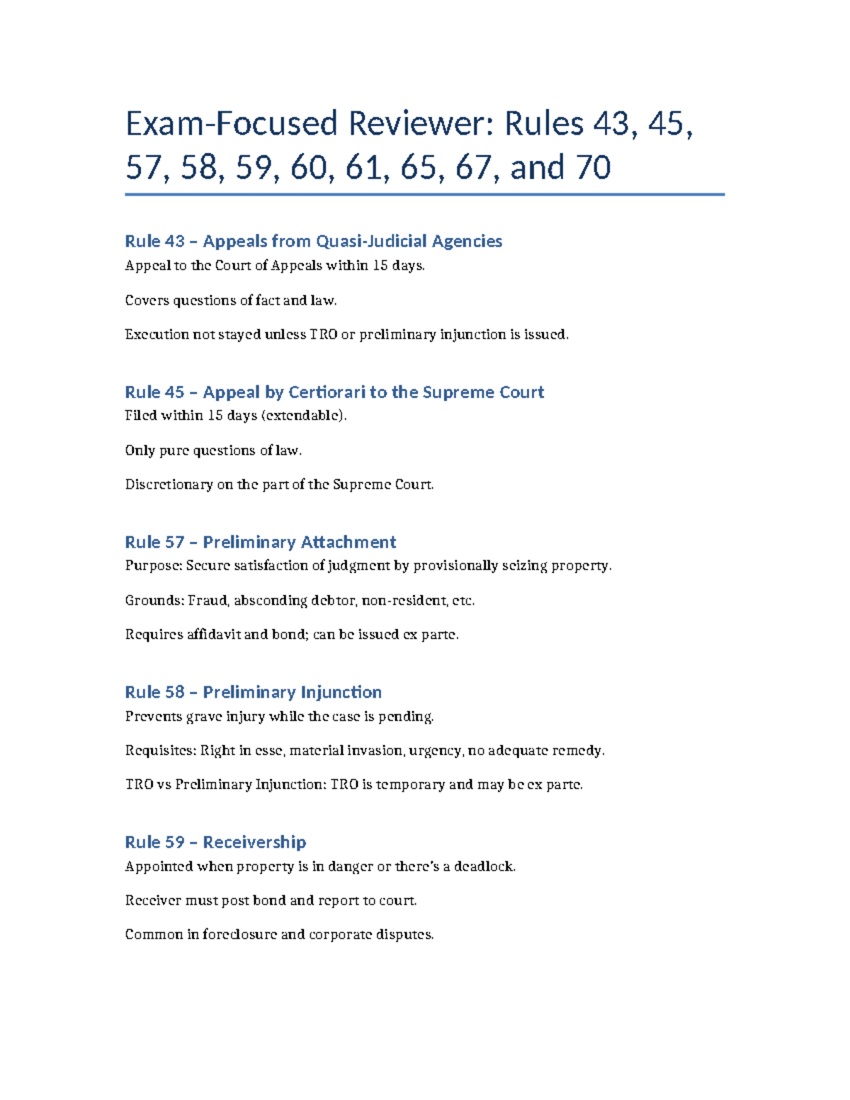 Exam Focused Rules of Court Reviewer: Rules 43, 45, 57-70 - Studocu