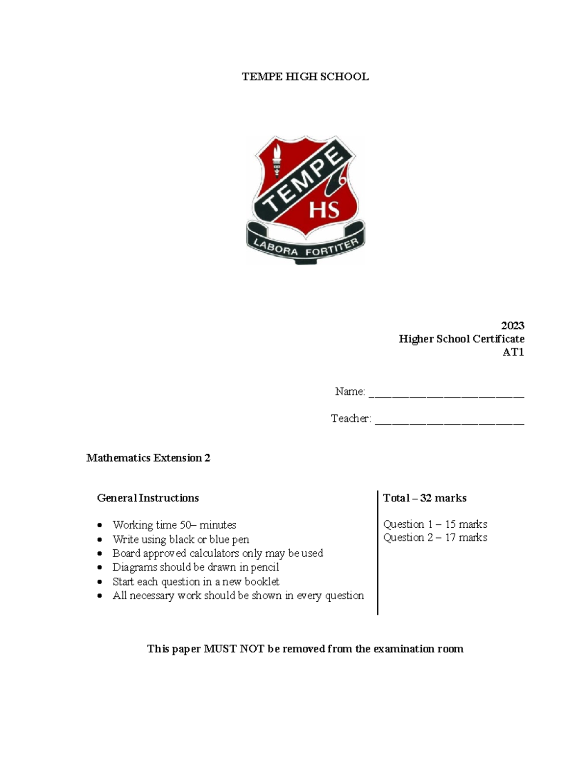 AT1 Mathematics Extension 2 HSC 2023 Past Exam Paper - Studocu