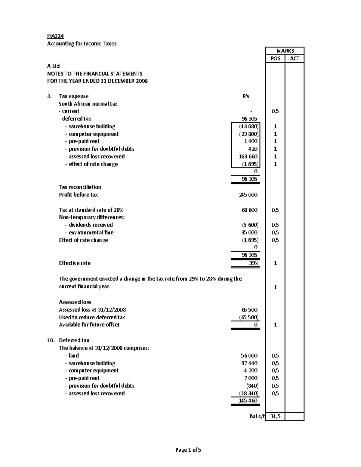 FIA324 Accounting for Income Taxes: Deferred Tax Calculations & Notes ...
