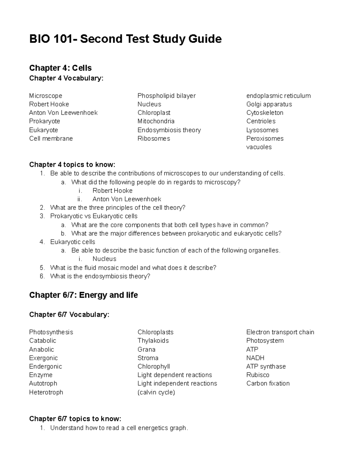 BIO 101 - Study Guide for Second Test: Cells, Energy, & Mitosis - BIO ...