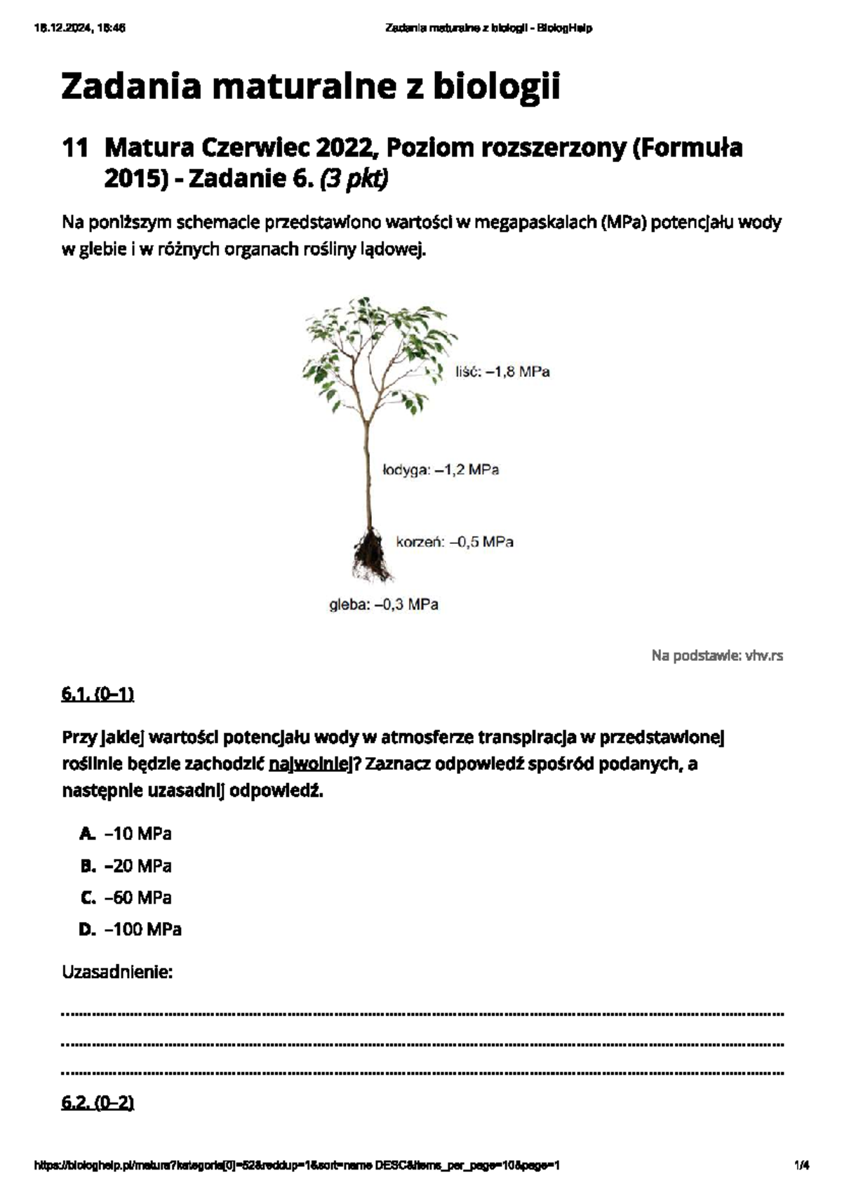 Zadania maturalne z biologii 11 - Funkcjonowanie roślin 2, Matura 2022