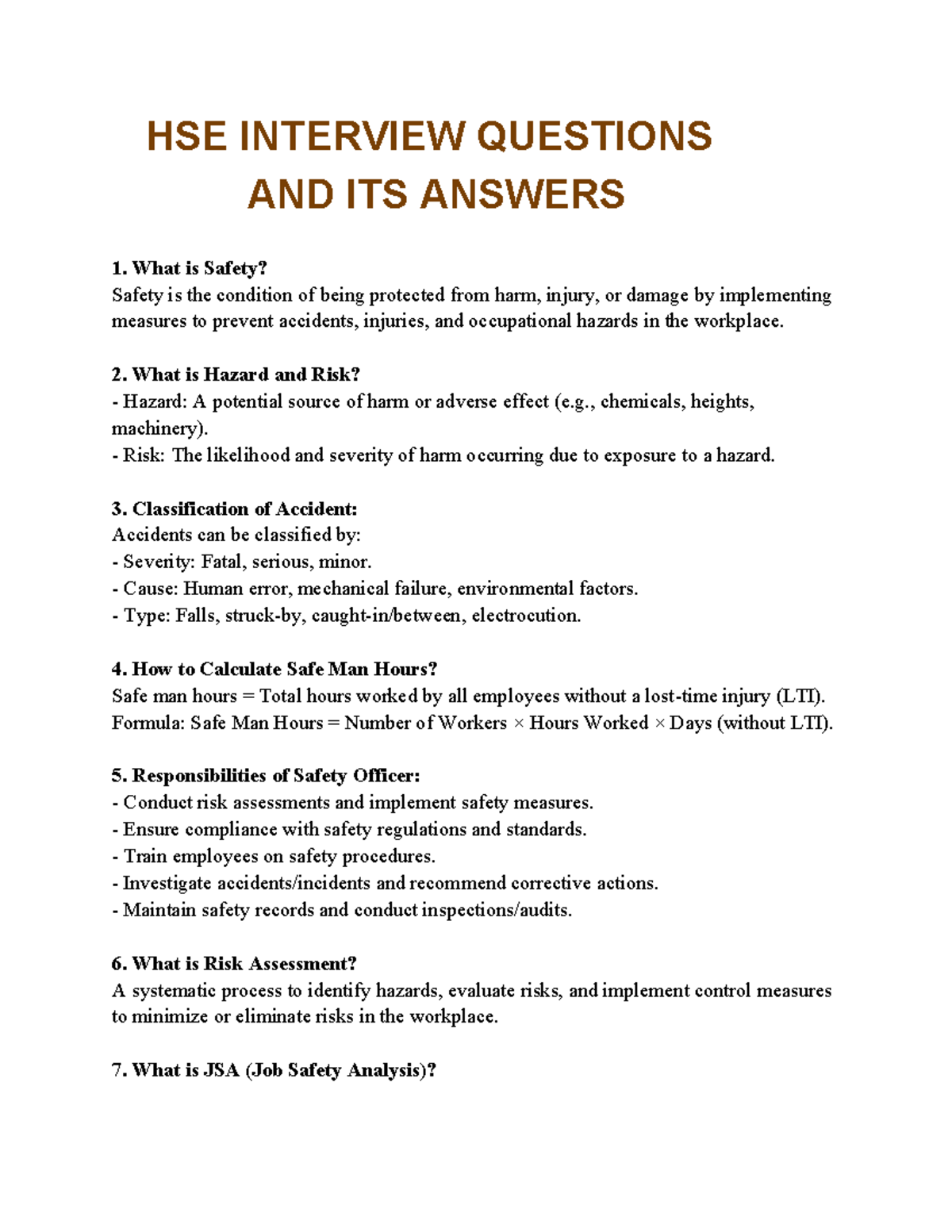 HSE 101: Safety Officer Interview Q&A Study Material - Studocu